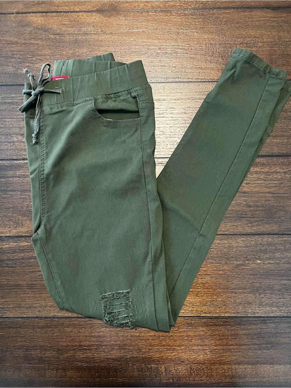 Women’s Dark Green Ripped Skinny Leg Pants Drawstring (Large)